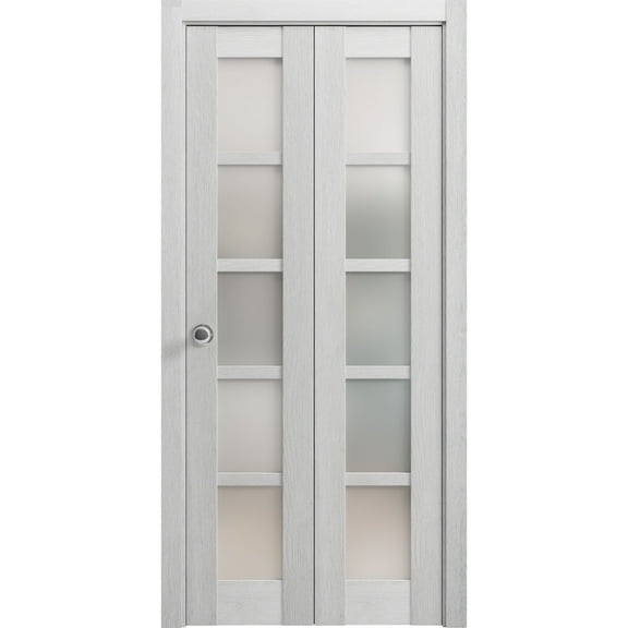 Sliding Closet Bi-fold Doors 56 x 80 inches | Quadro 4002 Light Grey Oak with Frosted Glass | Sturdy Tracks Moldings Trims Hardware Set | Wood Solid Bedroom Wardrobe Doors