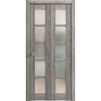 Sliding Closet Bi-fold Doors 56 x 80 inches | Quadro 4002 Nebraska Grey with Frosted Glass | Sturdy Tracks Moldings Trims Hardware Set | Wood Solid Bedroom Wardrobe Doors
