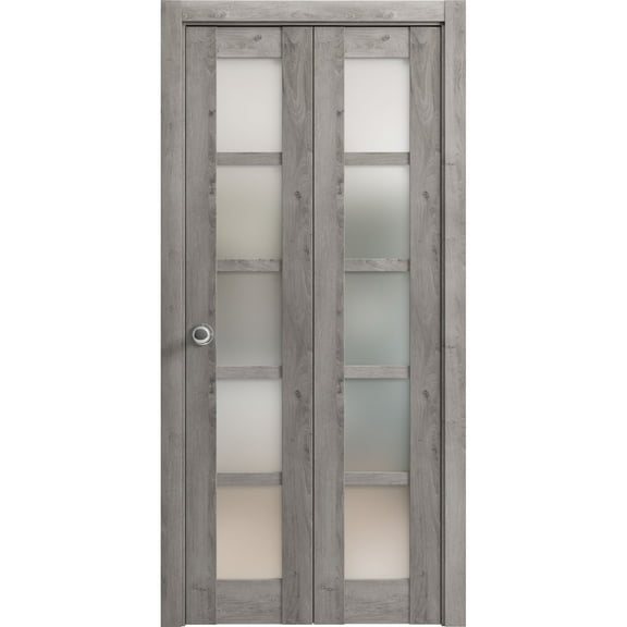Sliding Closet Bi-fold Doors 56 x 80 inches | Quadro 4002 Nebraska Grey with Frosted Glass | Sturdy Tracks Moldings Trims Hardware Set | Wood Solid Bedroom Wardrobe Doors