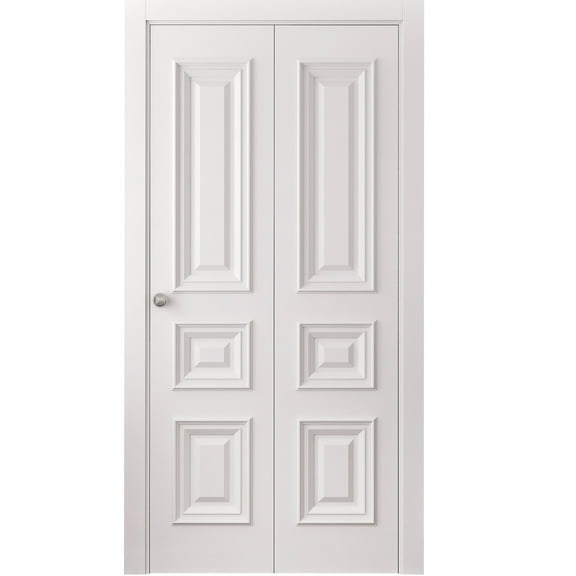 Sliding Closet Bi-fold Doors 56 x 84 inches | CLASSIC 3389 White Enamel | Sturdy Tracks Moldings Trims Hardware Set | Wood Solid Bedroom Wardrobe Doors