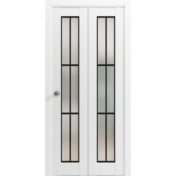 Sliding Closet Bi-fold Doors 56 x 84 inches | Planum 2122 White Silk Frosted Glass | Sturdy Tracks Moldings Trims Hardware Set | Wood Solid Bedroom Wardrobe Doors