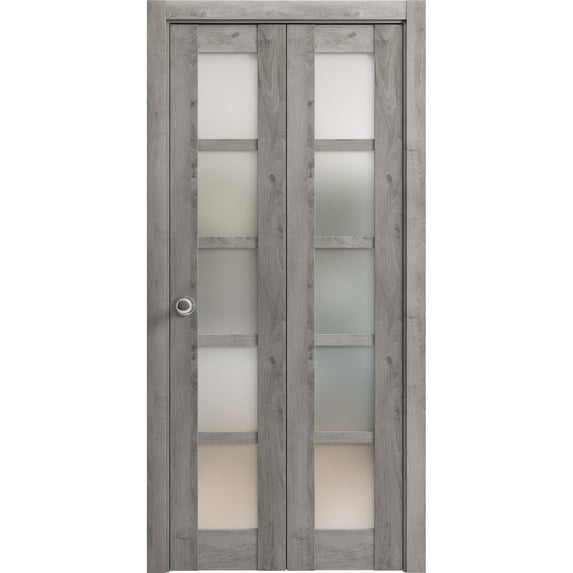 Sliding Closet Bi-fold Doors 56 x 96 inches | Quadro 4002 Nebraska Grey with Frosted Glass | Sturdy Tracks Moldings Trims Hardware Set | Wood Solid Bedroom Wardrobe Doors