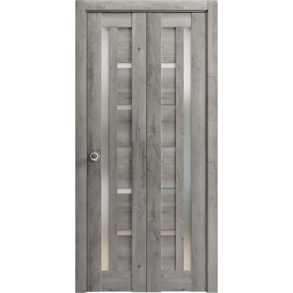 Sliding Closet Bi-fold Doors 56 x 96 inches | Quadro 4088 Nebraska Grey with Frosted Glass | Sturdy Tracks Moldings Trims Hardware Set | Wood Solid Bedroom Wardrobe Doors