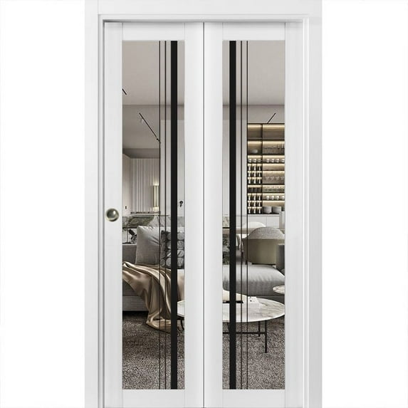 Sliding Closet Bi-fold Doors 60 x 80 inches | Lucia 2566 White Silk Clear Glass | Sturdy Tracks Moldings Trims Hardware Set | Wood Solid Bedroom Wardrobe Doors