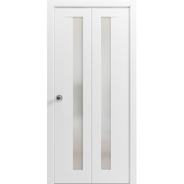 Sliding Closet Bi-fold Doors 60 x 84 inches | Planum 0660 Painted White with Frosted Glass | Sturdy Tracks Moldings Trims Hardware Set | Wood Solid Bedroom Wardrobe Doors