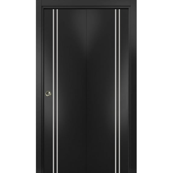 Sliding Closet Bi-fold Doors 64 x 80 inches | Planum 0310 Matte Black with Frosted Glass | Sturdy Tracks Moldings Trims Hardware Set | Wood Solid Bedroom Wardrobe Doors