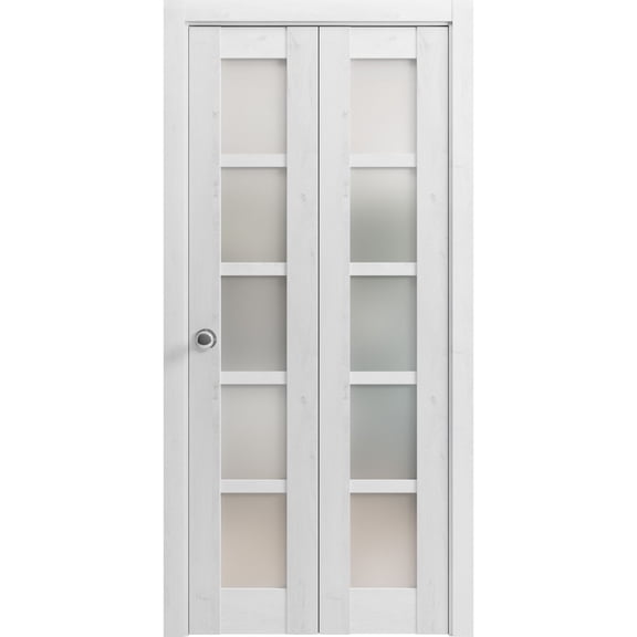 Sliding Closet Bi-fold Doors 64 x 80 inches | Quadro 4002 Nordic White with Frosted Glass | Sturdy Tracks Moldings Trims Hardware Set | Wood Solid Bedroom Wardrobe Doors