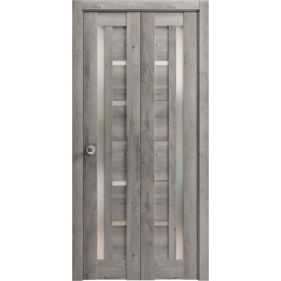 Sliding Closet Bi-fold Doors 64 x 80 inches | Quadro 4088 Nebraska Grey with Frosted Glass | Sturdy Tracks Moldings Trims Hardware Set | Wood Solid Bedroom Wardrobe Doors
