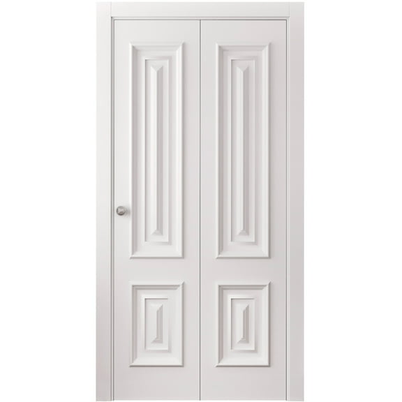 Sliding Closet Bi-fold Doors 64 x 84 inches | CLASSIC 2289 White Enamel | Sturdy Tracks Moldings Trims Hardware Set | Wood Solid Bedroom Wardrobe Doors