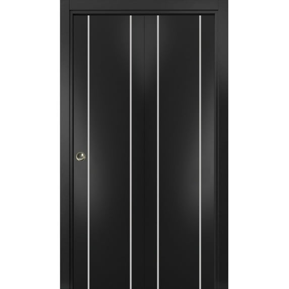 Sliding Closet Bi-fold Doors 72 x 80 inches | Planum 0410 Matte Black with Frosted Glass | Sturdy Tracks Moldings Trims Hardware Set | Wood Solid Bedroom Wardrobe Doors