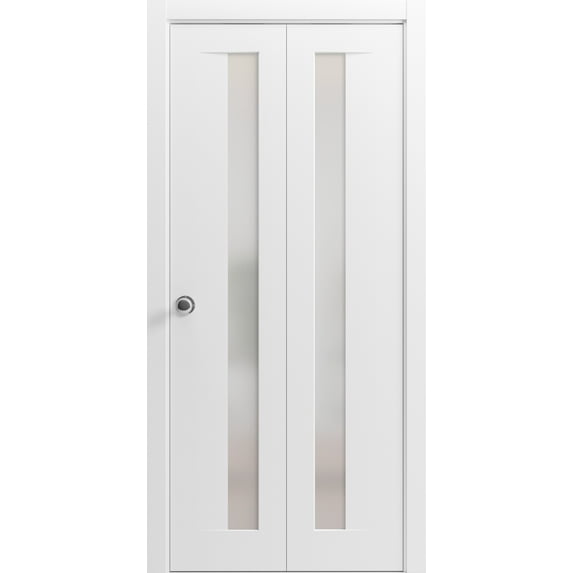 Sliding Closet Bi-fold Doors 72 x 84 inches | Planum 0660 Painted White with Frosted Glass | Sturdy Tracks Moldings Trims Hardware Set | Wood Solid Bedroom Wardrobe Doors