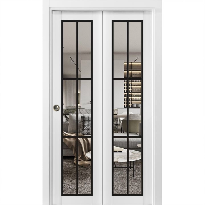 Sliding Closet Bi Fold Doors 72 X 96 Inches Lucia 2366 White Silk Clear Glass Sturdy Tracks 3446