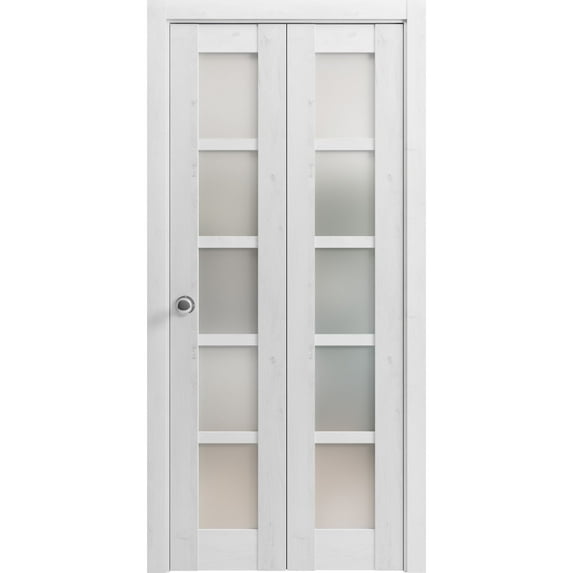 Sliding Closet Bi-fold Doors 72 x 96 inches | Quadro 4002 Nordic White with Frosted Glass | Sturdy Tracks Moldings Trims Hardware Set | Wood Solid Bedroom Wardrobe Doors