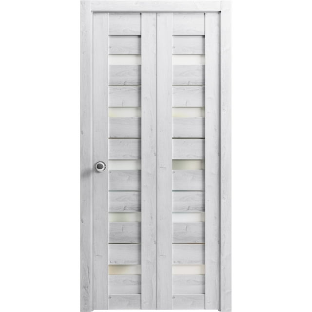Sliding Closet Bi-fold Doors 72 x 96 inches | Quadro 4445 Nordic White with Frosted Glass | Sturdy Tracks Moldings Trims Hardware Set | Wood Solid Bedroom Wardrobe Doors