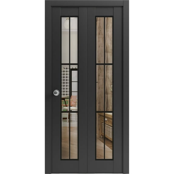 Sliding Closet Bi-fold Doors 84 x 80 inches | Lucia 2366 Matte Black Clear Glass | Sturdy Tracks Moldings Trims Hardware Set | Wood Solid Bedroom Wardrobe Doors