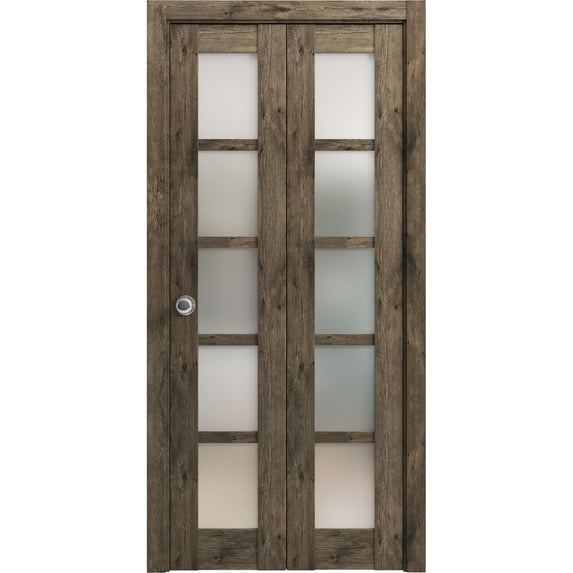 Sliding Closet Bi-fold Doors 84 x 84 inches | Quadro 4002 Cognac Oak with Frosted Glass | Sturdy Tracks Moldings Trims Hardware Set | Wood Solid Bedroom Wardrobe Doors