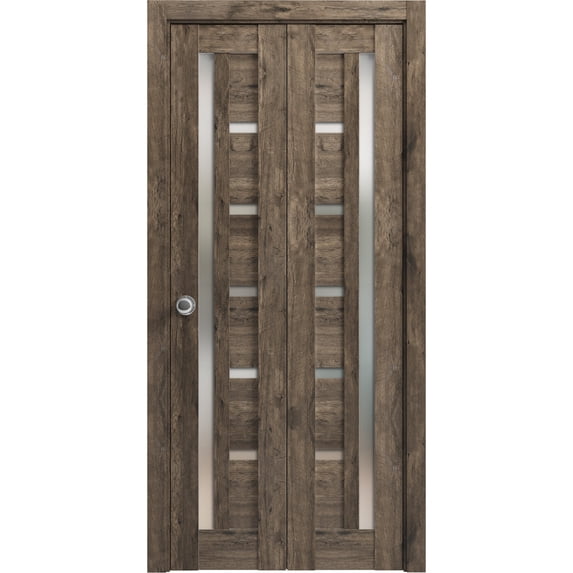 Sliding Closet Bi-fold Doors 84 x 84 inches | Quadro 4088 Cognac Oak with Frosted Glass | Sturdy Tracks Moldings Trims Hardware Set | Wood Solid Bedroom Wardrobe Doors