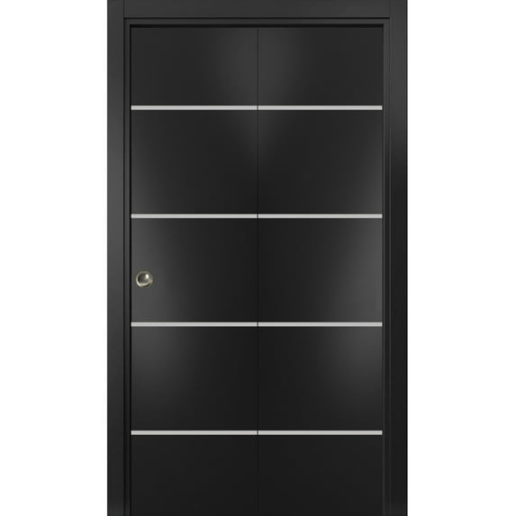 Sliding Closet Bi-fold Doors 84 x 96 inches | Planum 0210 Matte Black with Frosted Glass | Sturdy Tracks Moldings Trims Hardware Set | Wood Solid Bedroom Wardrobe Doors