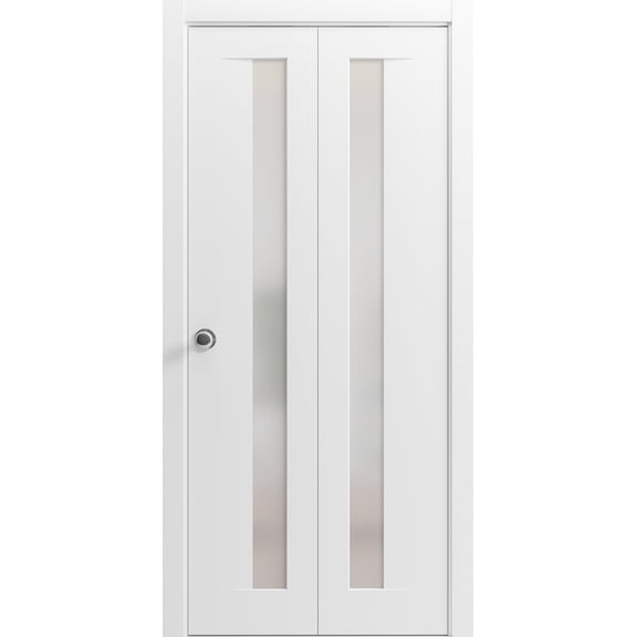 Sliding Closet Bi-fold Doors 84 x 96 inches | Planum 0660 Painted White with Frosted Glass | Sturdy Tracks Moldings Trims Hardware Set | Wood Solid Bedroom Wardrobe Doors