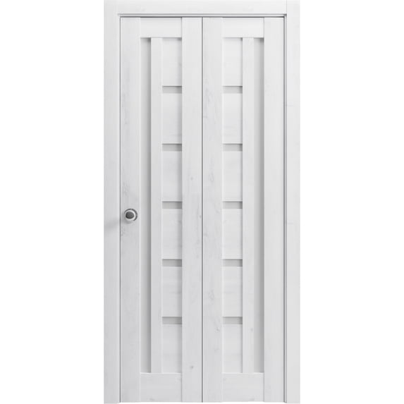 Sliding Closet Bi-fold Doors 84 x 96 inches | Quadro 4088 Nordic White with Frosted Glass | Sturdy Tracks Moldings Trims Hardware Set | Wood Solid Bedroom Wardrobe Doors
