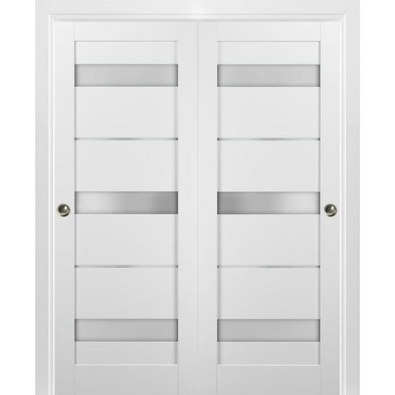 Sliding Closet Bypass Doors 36 x 80 with hardware | Quadro 4055 White Silk with Frosted Opaque Glass | Sturdy Top Mount Rails Moldings Trims Set | Kitchen Lite Wooden Solid Bedroom Wardrobe Doors