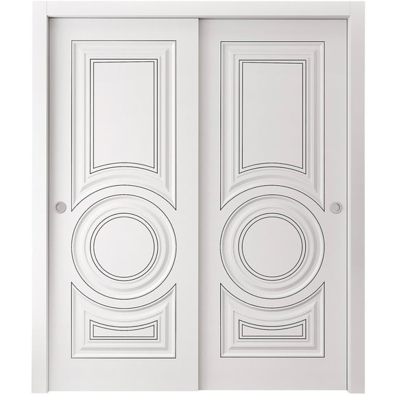 Sliding Closet Bypass Doors 36 x 80 inches | CLASSIC 5589 White Enamel | Rails Hardware Set | Wood Solid Bedroom Wardrobe Doors