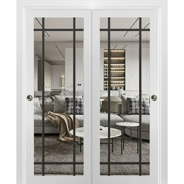 Sliding Closet Bypass Doors 36 x 80 inches | Lucia 2266 White Silk Clear Glass | Sturdy Rails Moldings Trims Hardware Set | Wood Solid Bedroom Wardrobe Doors