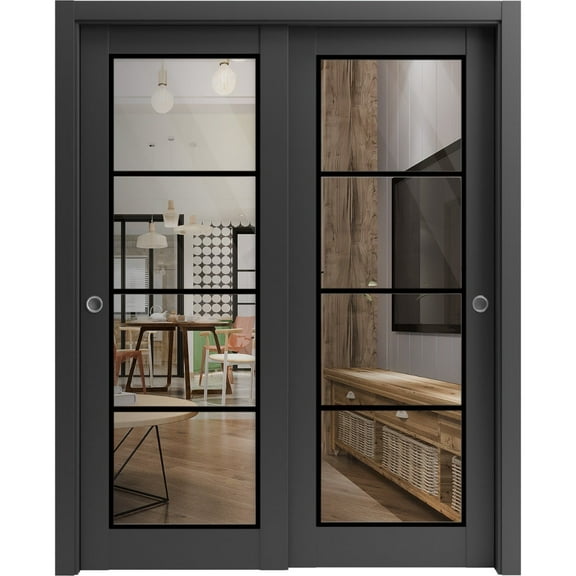 Sliding Closet Bypass Doors 36 x 80 inches | Lucia 2466 Matte Black Clear Glass | Sturdy Rails Moldings Trims Hardware Set | Wood Solid Bedroom Wardrobe Doors