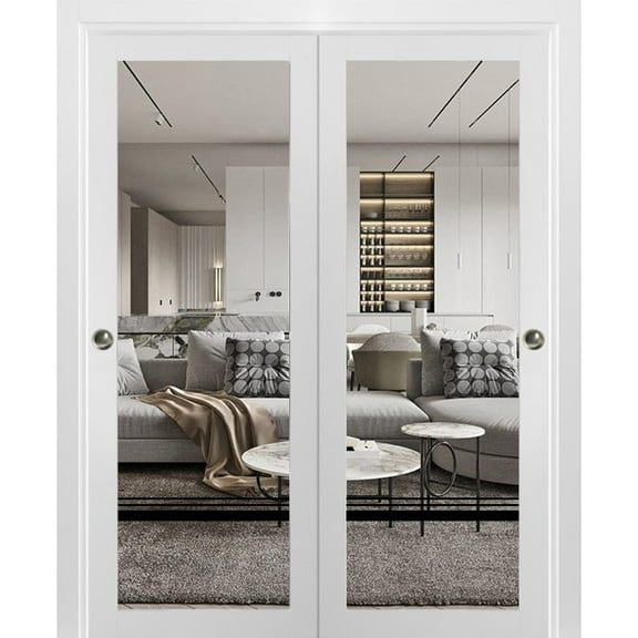 Sliding Closet Bypass Doors 36 x 80 inches | Lucia 2666 White Silk Clear Glass | Sturdy Rails Moldings Trims Hardware Set | Wood Solid Bedroom Wardrobe Doors