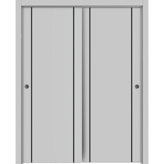 Sliding Closet Bypass Doors 36 x 80 inches | Planum 0016 Grey Matte with Frosted Glass | Sturdy Rails Moldings Trims Hardware Set | Wood Solid Bedroom Wardrobe Doors