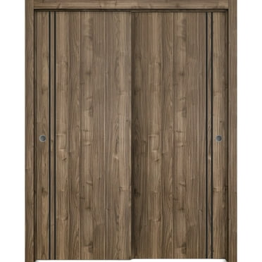 Sliding Closet Bypass Doors 36 x 80 inches | Planum 0016 Walnut with Frosted Glass | Sturdy Rails Moldings Trims Hardware Set | Wood Solid Bedroom Wardrobe Doors