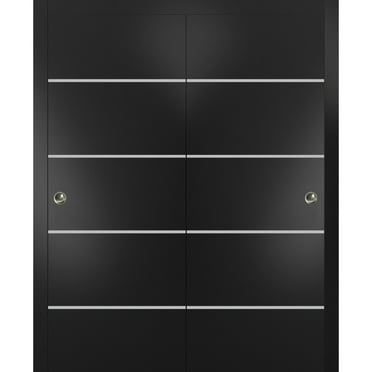 Sliding Closet Bypass Doors 36 x 80 inches | Planum 0210 Matte Black with Frosted Glass | Sturdy Rails Moldings Trims Hardware Set | Wood Solid Bedroom Wardrobe Doors