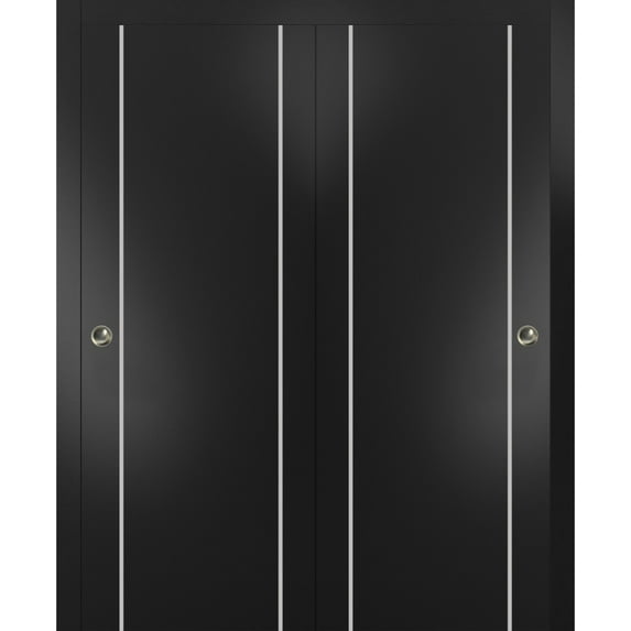 Sliding Closet Bypass Doors 36 x 80 inches | Planum 0410 Matte Black with Frosted Glass | Sturdy Rails Moldings Trims Hardware Set | Wood Solid Bedroom Wardrobe Doors