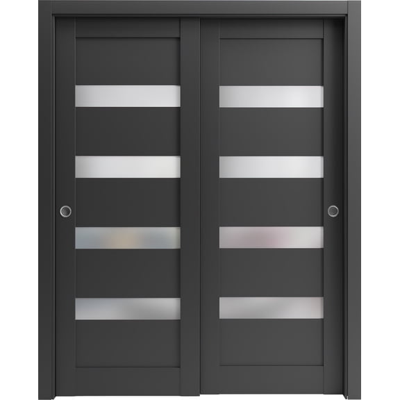 Sliding Closet Bypass Doors 36 x 80 inches | Quadro 4113 Matte Black Frosted Glass | Sturdy Rails Moldings Trims Hardware Set | Wood Solid Bedroom Wardrobe Doors