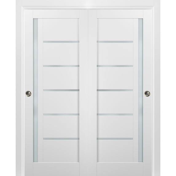 Sliding Closet Bypass Doors 36 x 84 with hardware | Quadro 4088 White Silk with Frosted Opaque Glass | Sturdy Top Mount Rails Moldings Trims Set | Kitchen Lite Wooden Solid Bedroom Wardrobe Doors