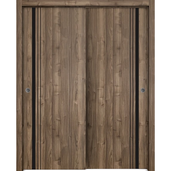 Sliding Closet Bypass Doors 36 x 84 inches | Planum 0011 Walnut with Frosted Glass | Sturdy Rails Moldings Trims Hardware Set | Wood Solid Bedroom Wardrobe Doors