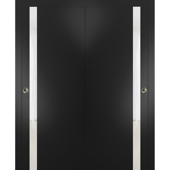 Sliding Closet Bypass Doors 36 x 84 inches | Planum 0040 Matte Black with White Glass | Sturdy Rails Moldings Trims Hardware Set | Wood Solid Bedroom Wardrobe Doors