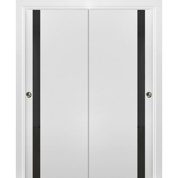 Sliding Closet Bypass Doors 36 x 84 inches | Planum 0040 White Silk with Black Glass | Sturdy Rails Moldings Trims Hardware Set | Wood Solid Bedroom Wardrobe Doors
