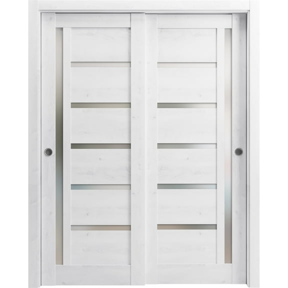 Sliding Closet Bypass Doors 36 x 84 inches | Quadro 4088 Nordic White with Frosted Glass | Sturdy Rails Moldings Trims Hardware Set | Wood Solid Bedroom Wardrobe Doors