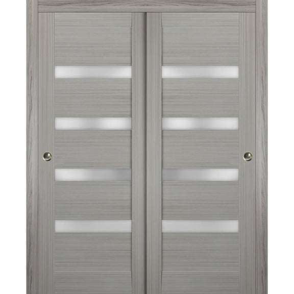Sliding Closet Bypass Doors 36 x 84 inches | Quadro 4113 Grey Ash with Frosted Glass | Sturdy Rails Moldings Trims Hardware Set | Wood Solid Bedroom Wardrobe Doors