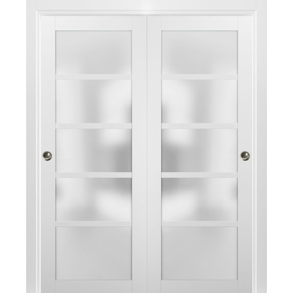Sliding Closet Bypass Doors 36 x 96 with hardware | Quadro 4002 White Silk with Frosted Opaque Glass | Sturdy Top Mount Rails Moldings Trims Set | Kitchen Lite Wooden Solid Bedroom Wardrobe Doors