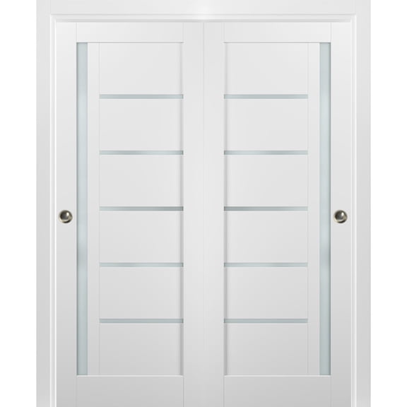 Sliding Closet Bypass Doors 36 x 96 with hardware | Quadro 4088 White Silk with Frosted Opaque Glass | Sturdy Top Mount Rails Moldings Trims Set | Kitchen Lite Wooden Solid Bedroom Wardrobe Doors