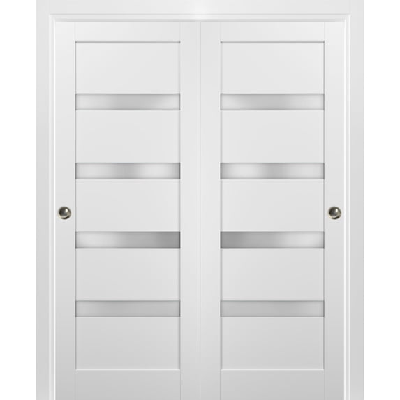 Sliding Closet Bypass Doors 36 x 96 with hardware | Quadro 4113 White Silk with Frosted Opaque Glass | Sturdy Top Mount Rails Moldings Trims Set | Kitchen Lite Wooden Solid Bedroom Wardrobe Doors