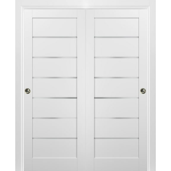 Sliding Closet Bypass Doors 36 x 96 with hardware | Quadro 4117 White Silk with Frosted Opaque Glass | Sturdy Top Mount Rails Moldings Trims Set | Kitchen Lite Wooden Solid Bedroom Wardrobe Doors