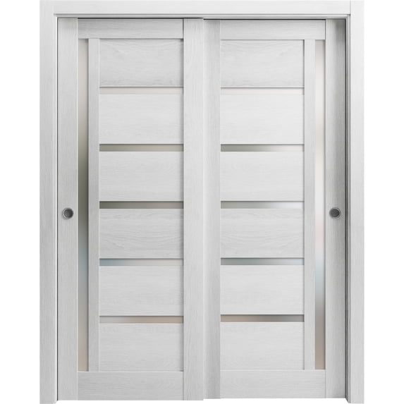 Sliding Closet Bypass Doors 36 x 96 inches | Quadro 4088 Light Grey Oak with Frosted Glass | Sturdy Rails Moldings Trims Hardware Set | Wood Solid Bedroom Wardrobe Doors