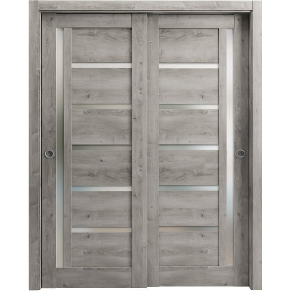 Sliding Closet Bypass Doors 36 x 96 inches | Quadro 4088 Nebraska Grey with Frosted Glass | Sturdy Rails Moldings Trims Hardware Set | Wood Solid Bedroom Wardrobe Doors
