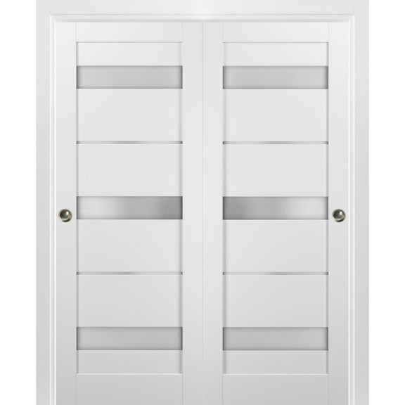 Sliding Closet Bypass Doors 48 x 80 with hardware | Quadro 4055 White Silk with Frosted Opaque Glass | Sturdy Top Mount Rails Moldings Trims Set | Kitchen Lite Wooden Solid Bedroom Wardrobe Doors