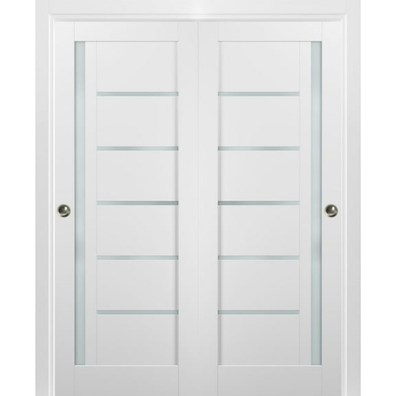 Sliding Closet Bypass Doors 48 x 80 with hardware | Quadro 4088 White Silk with Frosted Opaque Glass | Sturdy Top Mount Rails Moldings Trims Set | Kitchen Lite Wooden Solid Bedroom Wardrobe Doors