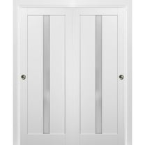 Sliding Closet Bypass Doors 48 x 80 with hardware | Quadro 4112 White Silk with Frosted Opaque Glass | Sturdy Top Mount Rails Moldings Trims Set | Kitchen Lite Wooden Solid Bedroom Wardrobe Doors