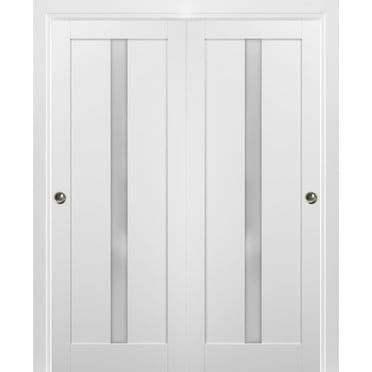 Sliding Closet Bypass Doors 48 x 80 with hardware | Quadro 4112 White Silk with Frosted Opaque Glass | Sturdy Top Mount Rails Moldings Trims Set | Kitchen Lite Wooden Solid Bedroom Wardrobe Doors